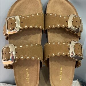Indigo Brown Scalloped Double-Buckle Studded Slide Sandals
